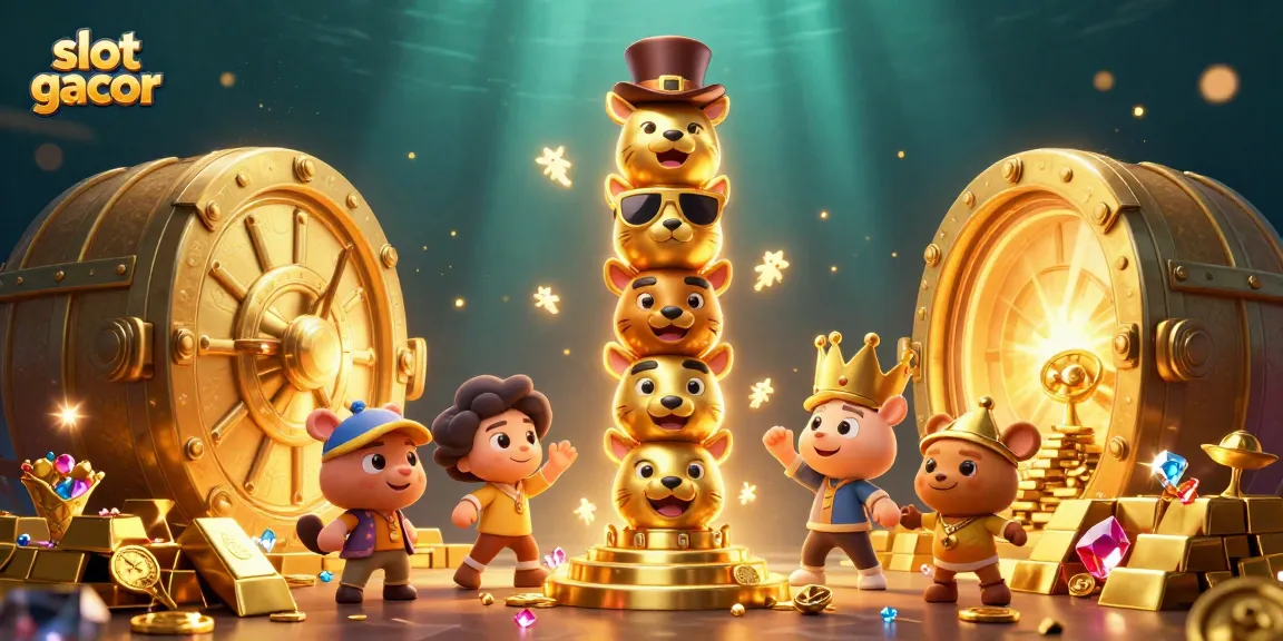 Experience the excitement of slot gacor with vibrant treasures and energetic characters in a stunning casino scene.