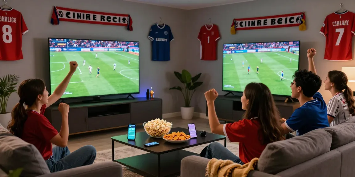 Excited friends watching مباريات اليوم live on a TV, enjoying football.